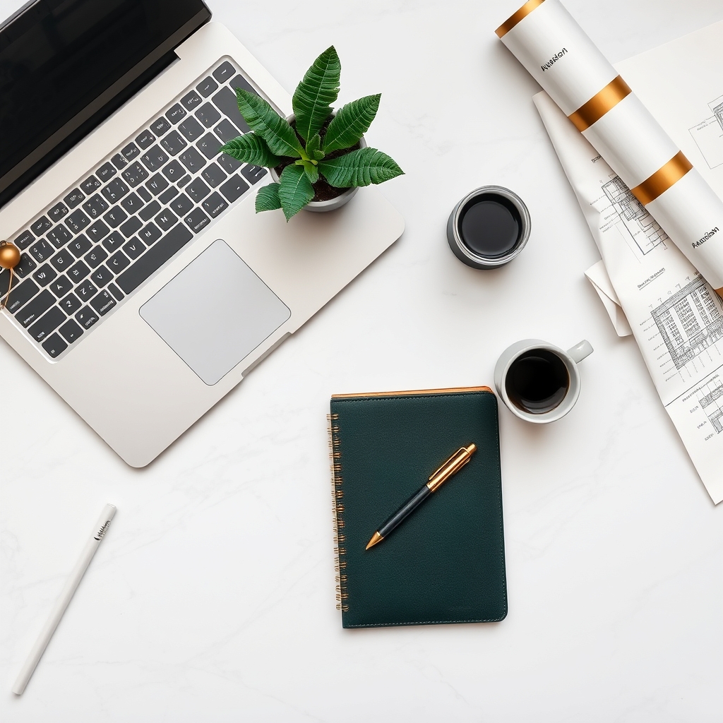 Entrepreneur workspace flat lay — laptop, leather notebook, blueprints — banner background