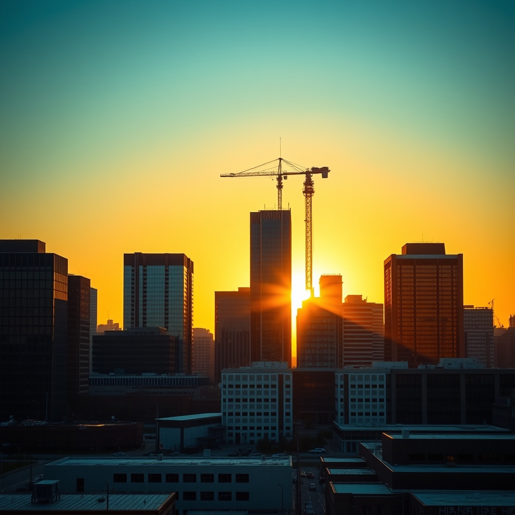 Downtown skyline at golden hour with a construction crane — Facebook cover background