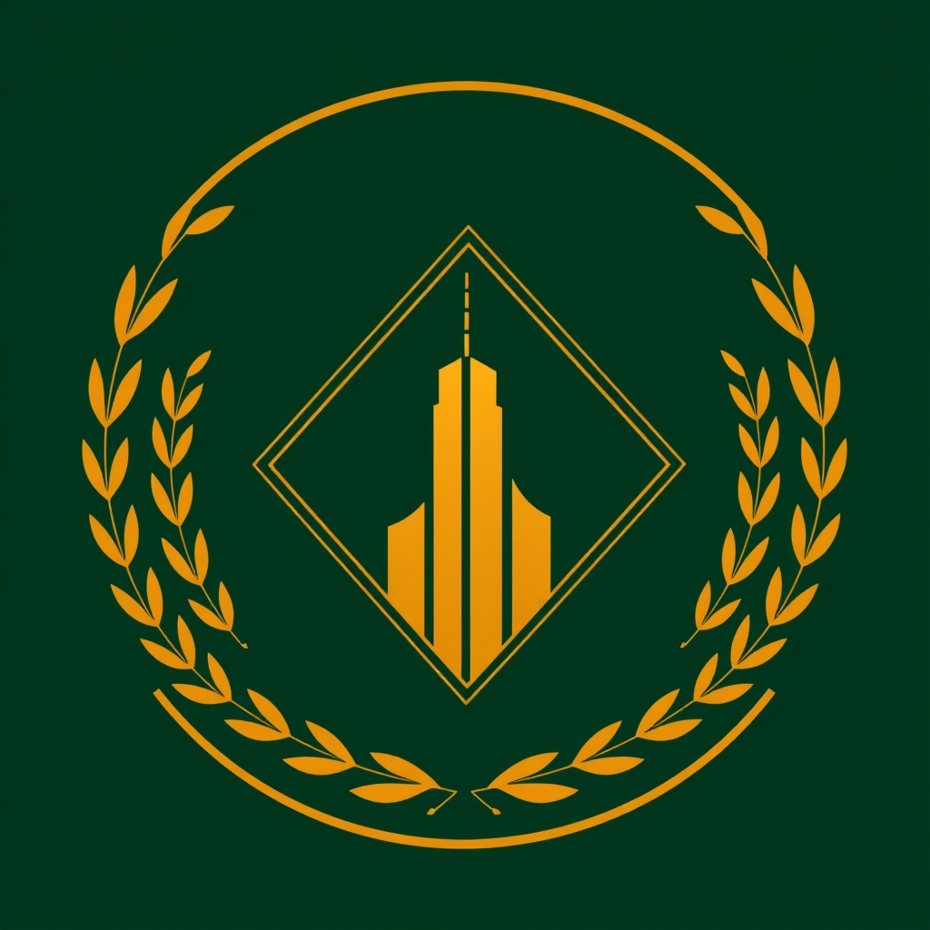 Annie McIntosh Brand Mark — entrepreneur badge with laurel wreath and skyscraper, forest green and gold